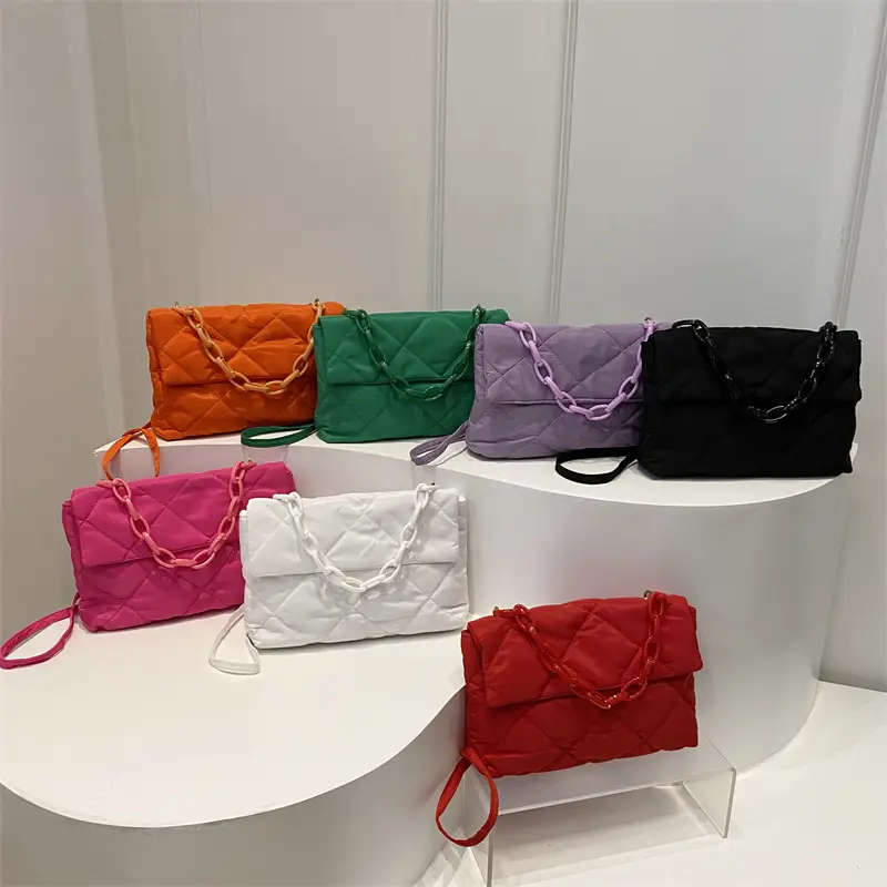 Women's Purple Quilted Crossbody Bag with Pink Chain