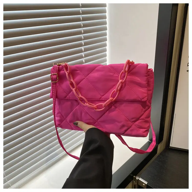Women's Purple Quilted Crossbody Bag with Pink Chain — feature 10