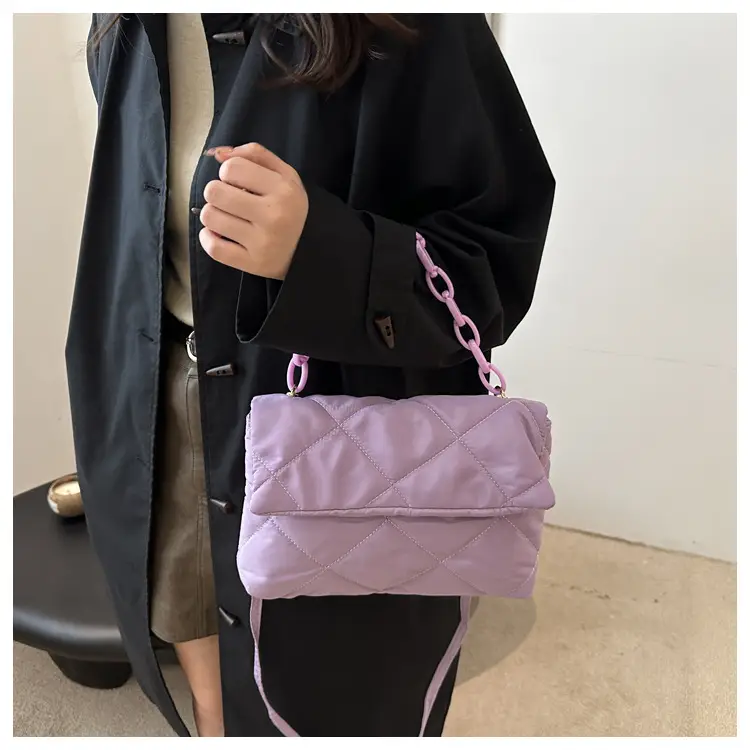 Women's Purple Quilted Crossbody Bag with Pink Chain — feature 22
