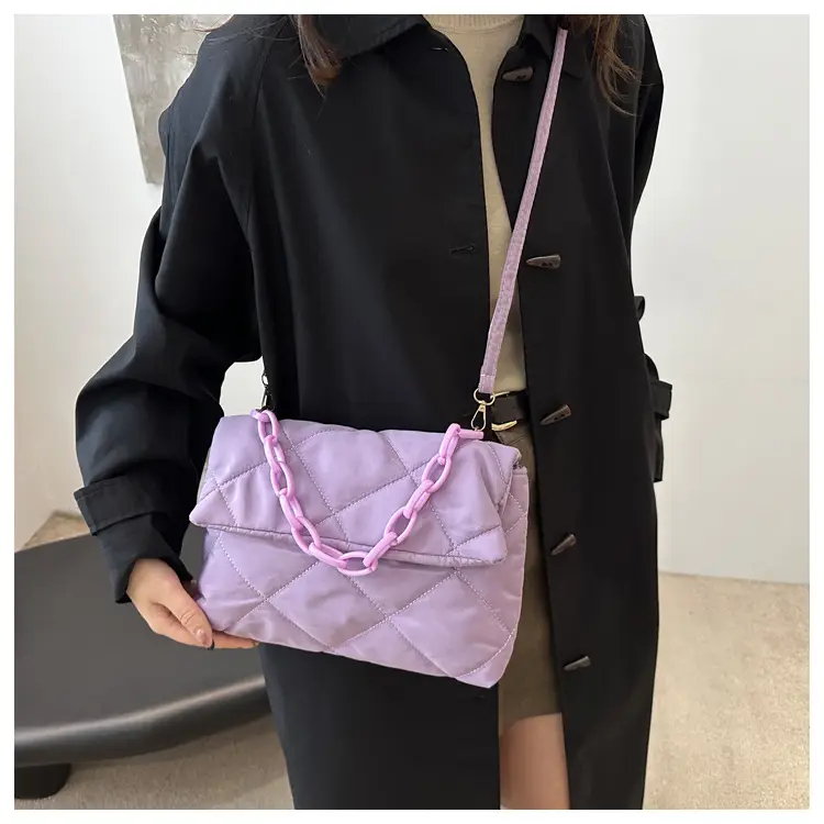 Women's Purple Quilted Crossbody Bag with Pink Chain — feature 23