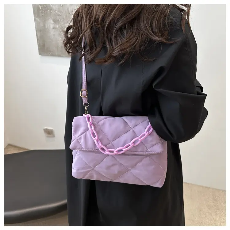 Women's Purple Quilted Crossbody Bag with Pink Chain — feature 24