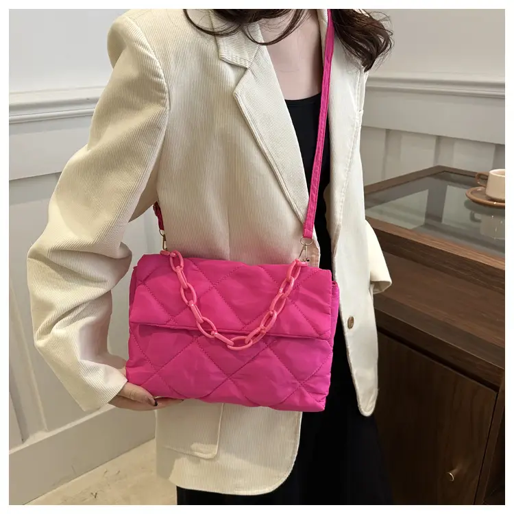 Women's Purple Quilted Crossbody Bag with Pink Chain — feature 31