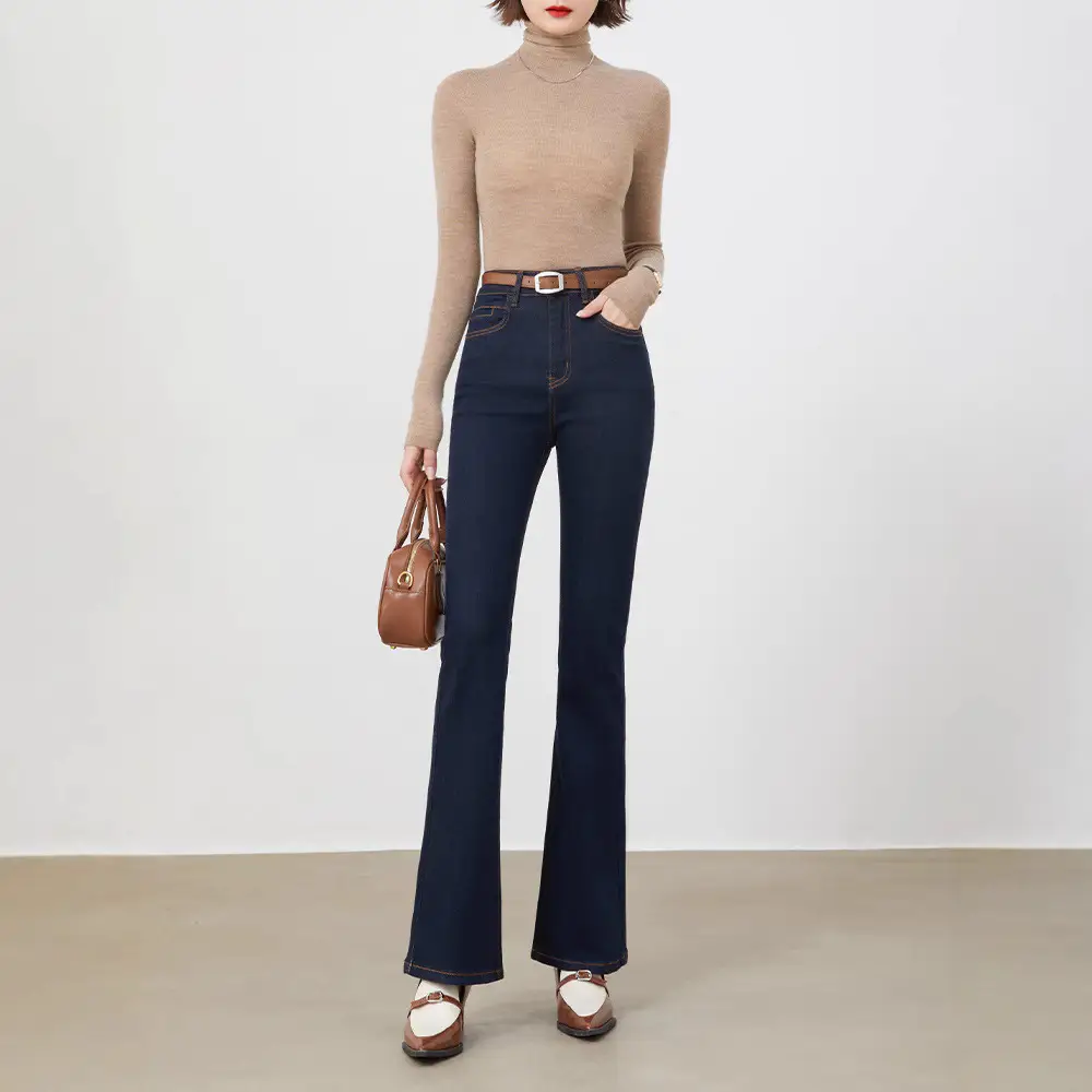 Dark Blue Flared Denim Pants for Women