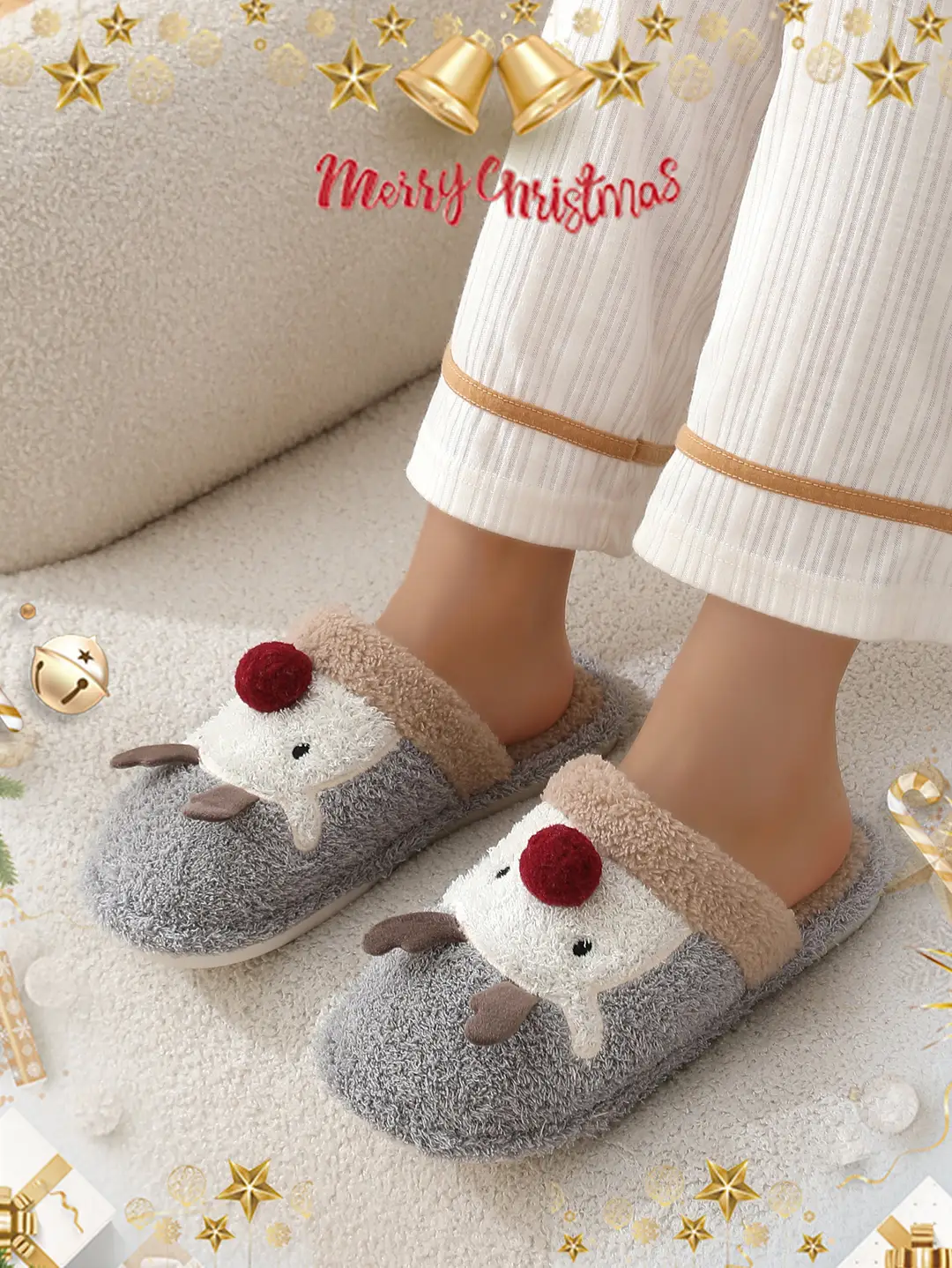 Cross-border cotton slippers cute Christmas elk cotton slippers women's winter fashion slippers home non-slip couple Mao Mao slippers — feature 1