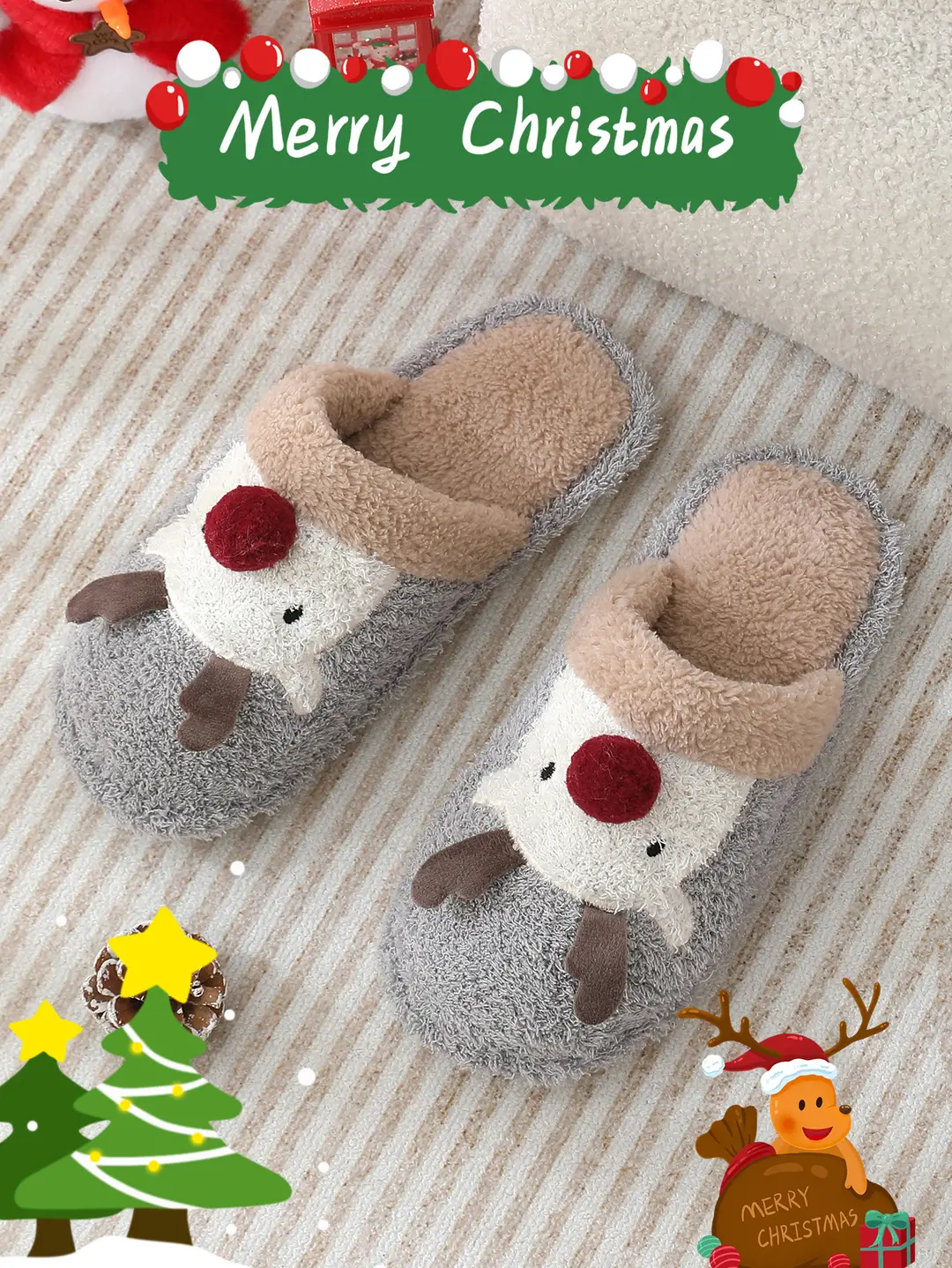 Cross-border cotton slippers cute Christmas elk cotton slippers women's winter fashion slippers home non-slip couple Mao Mao slippers — feature 3