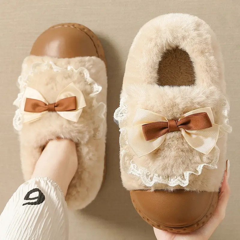 Bow cotton slippers women's winter 2024 new indoor home thick bottom warm plush cotton shoes women wear - Image 6