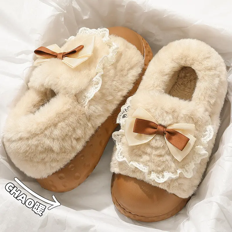 Bow cotton slippers women's winter 2024 new indoor home thick bottom warm plush cotton shoes women wear - Image 7