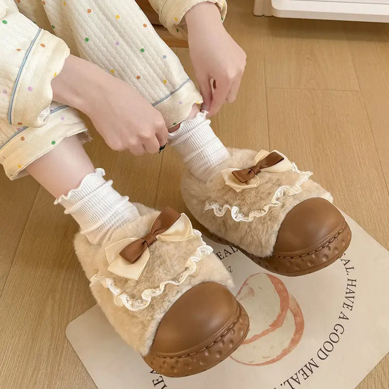 Bow cotton slippers women's winter 2024 new indoor home thick bottom warm plush cotton shoes women wear - Image 8