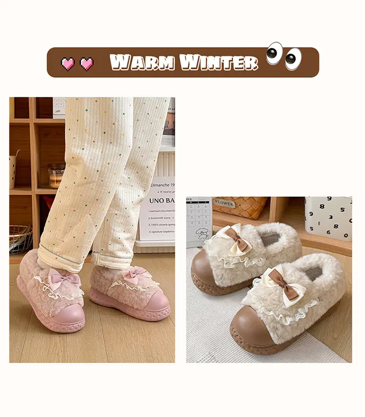 Bow cotton slippers women's winter 2024 new indoor home thick bottom warm plush cotton shoes women wear — feature 10