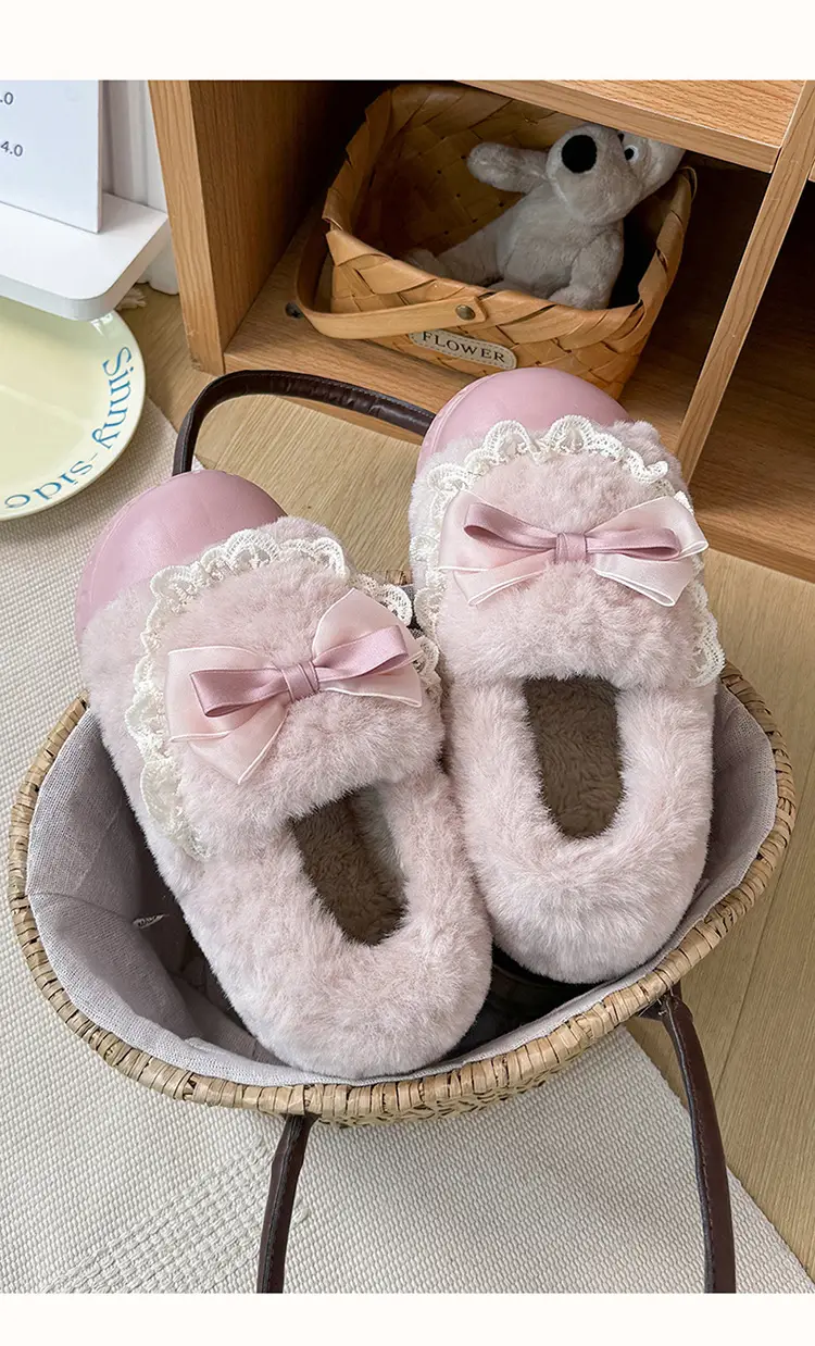 Bow cotton slippers women's winter 2024 new indoor home thick bottom warm plush cotton shoes women wear — feature 11