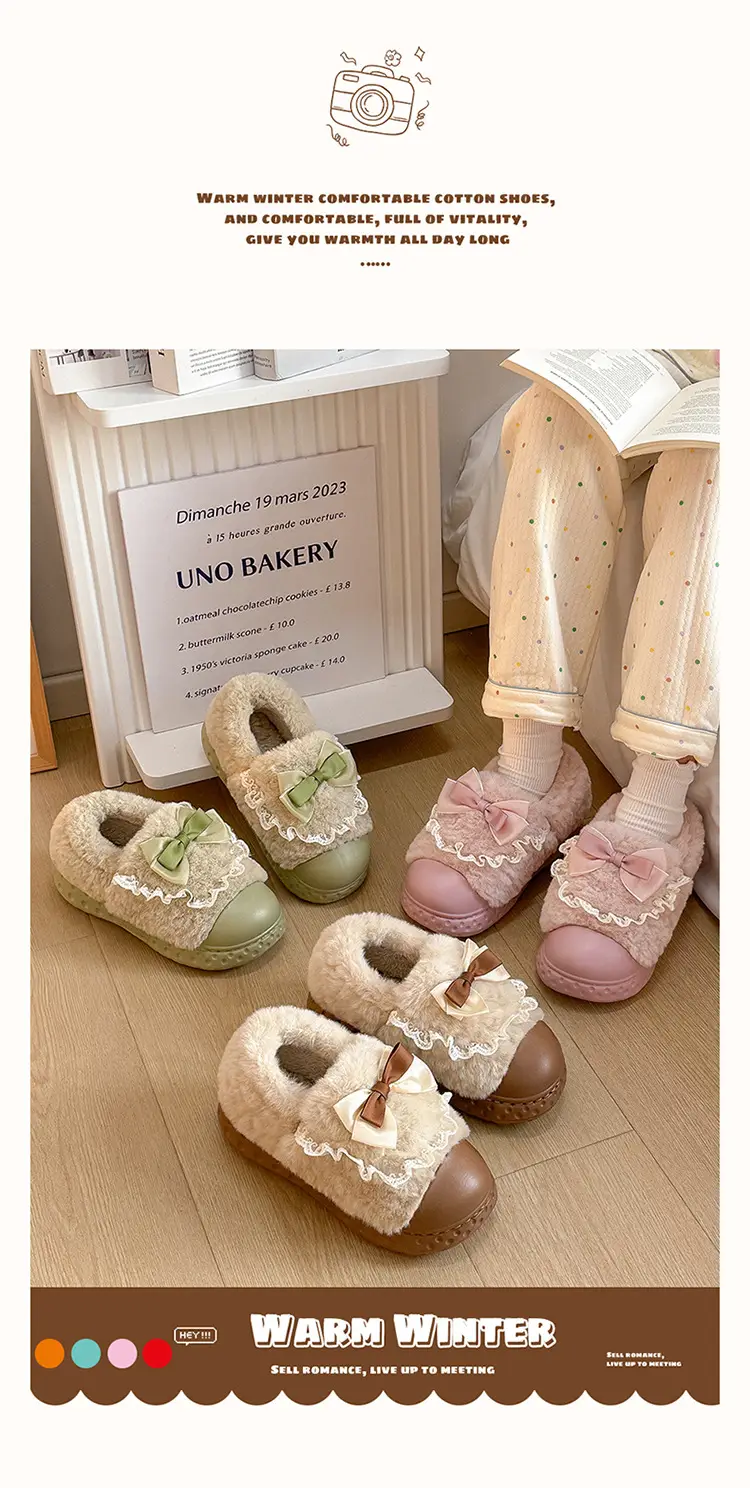 Bow cotton slippers women's winter 2024 new indoor home thick bottom warm plush cotton shoes women wear — feature 12