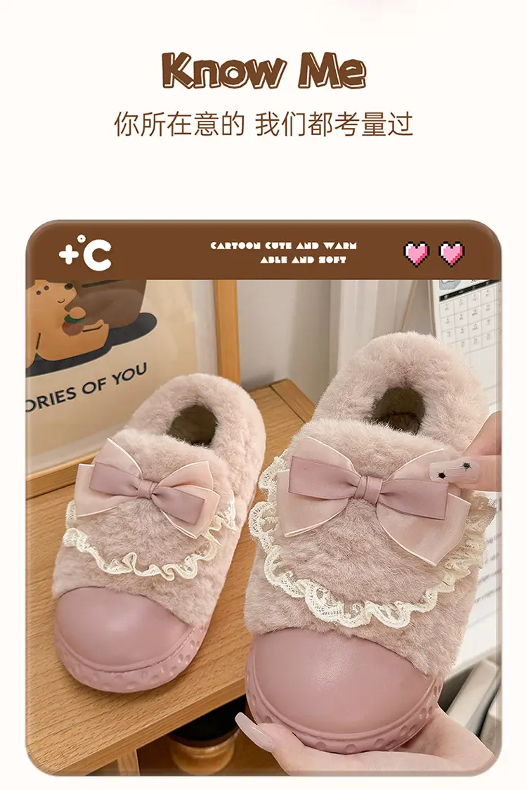 Bow cotton slippers women's winter 2024 new indoor home thick bottom warm plush cotton shoes women wear — feature 5