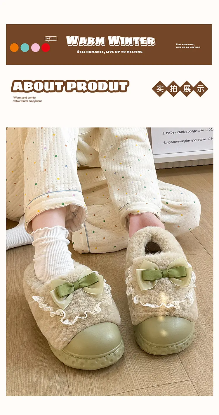 Bow cotton slippers women's winter 2024 new indoor home thick bottom warm plush cotton shoes women wear — feature 8