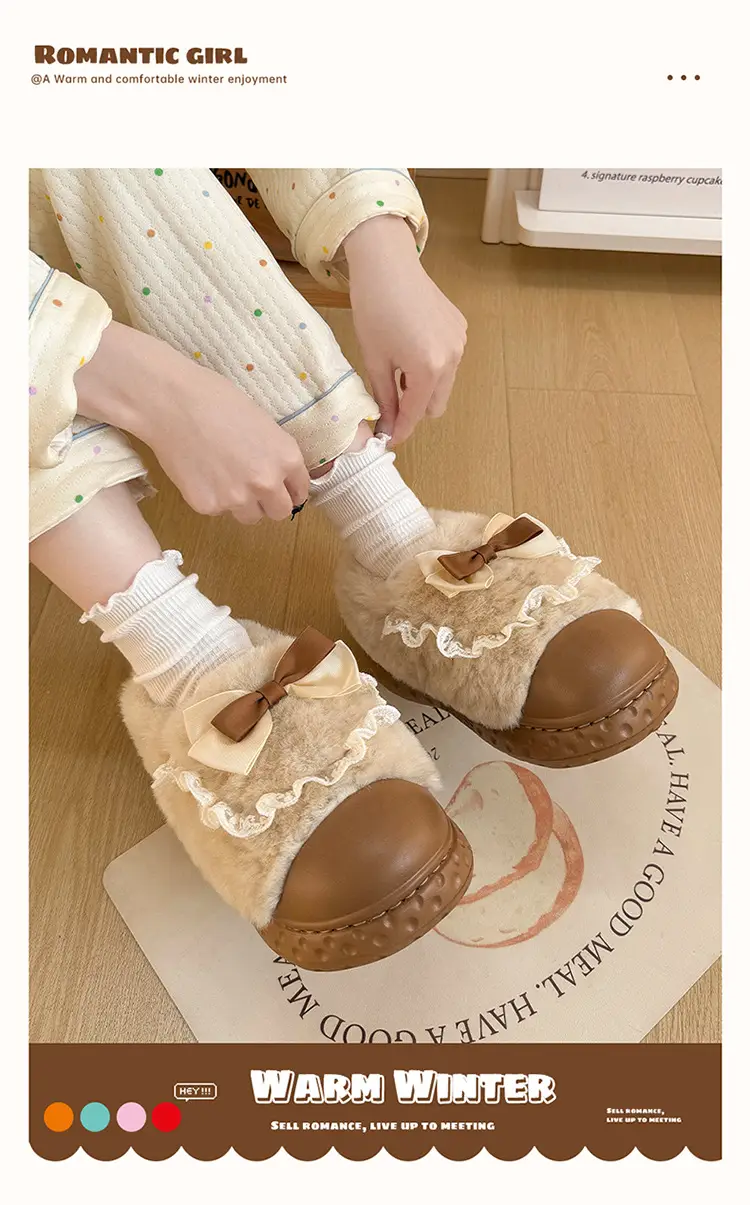 Bow cotton slippers women's winter 2024 new indoor home thick bottom warm plush cotton shoes women wear — feature 9