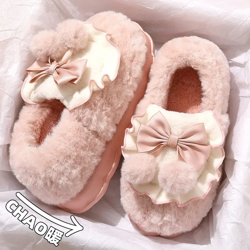 Bow cotton slippers women's winter 2024 new indoor home thick bottom warm plush cotton shoes women wear - Image 3