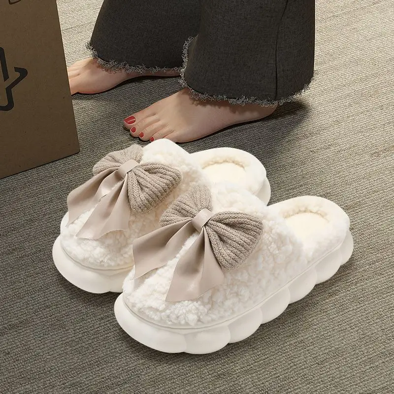 Bow cotton slippers women autumn and winter 2024 new thick-soled indoor home non-slip warm plush slippers women