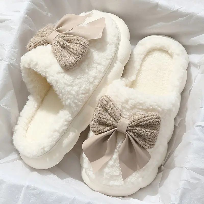Bow cotton slippers women autumn and winter 2024 new thick-soled indoor home non-slip warm plush slippers women