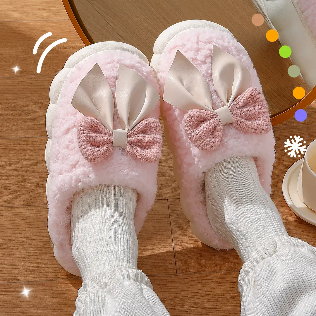 Bow cotton slippers women autumn and winter 2024 new thick-soled indoor home non-slip warm plush slippers women