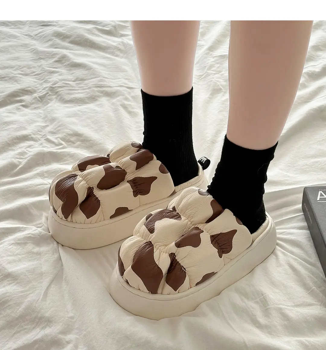 Cow Print Thick-Soled Cotton Slippers, Non-Slip, Odor-Resistant, Women's Slippers, Trendy, High-End Feel, Home Dormitory, Fleece-Lined, Thick-Soled, Warm — feature 14