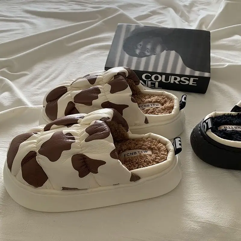 Cow Print Thick-Soled Cotton Slippers, Non-Slip, Odor-Resistant, Women's Slippers, Trendy, High-End Feel, Home Dormitory, Fleece-Lined, Thick-Soled, Warm - Image 3