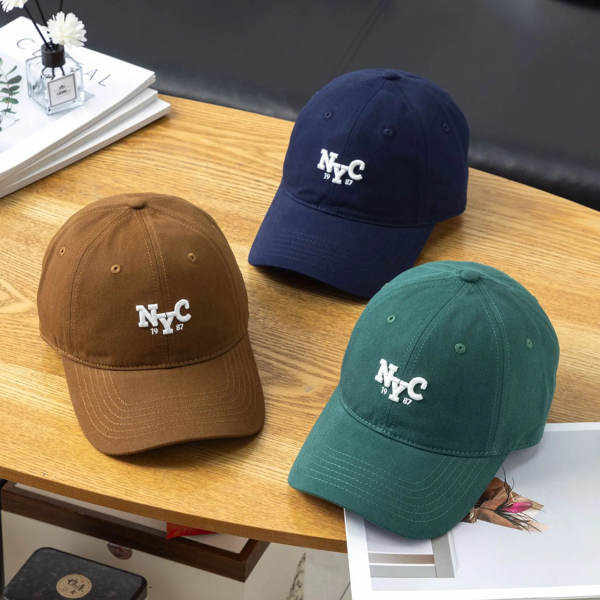 Men's Beige Korean Embroidered Cap - Image 13