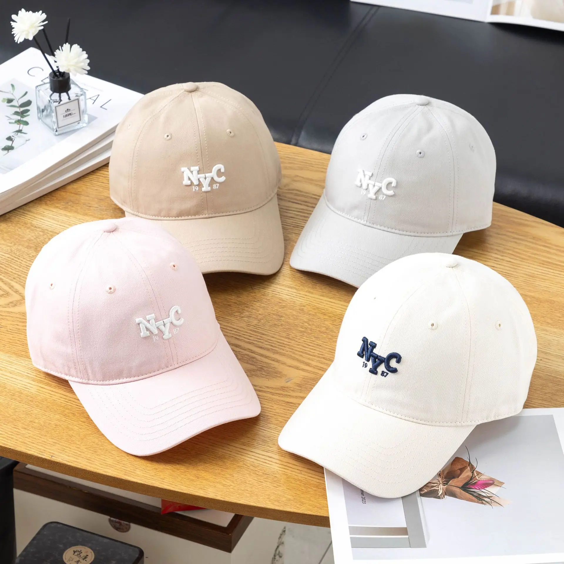 Men's Beige Korean Embroidered Cap - Image 14