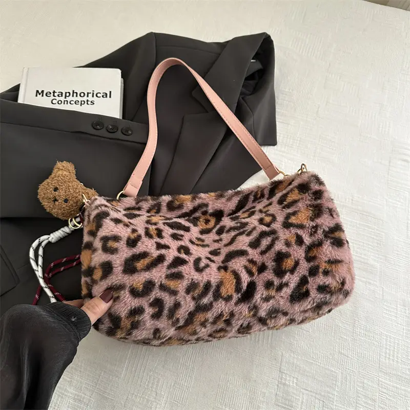 2024 New Leopard Print Fleece Shoulder Bag Women - Image 3