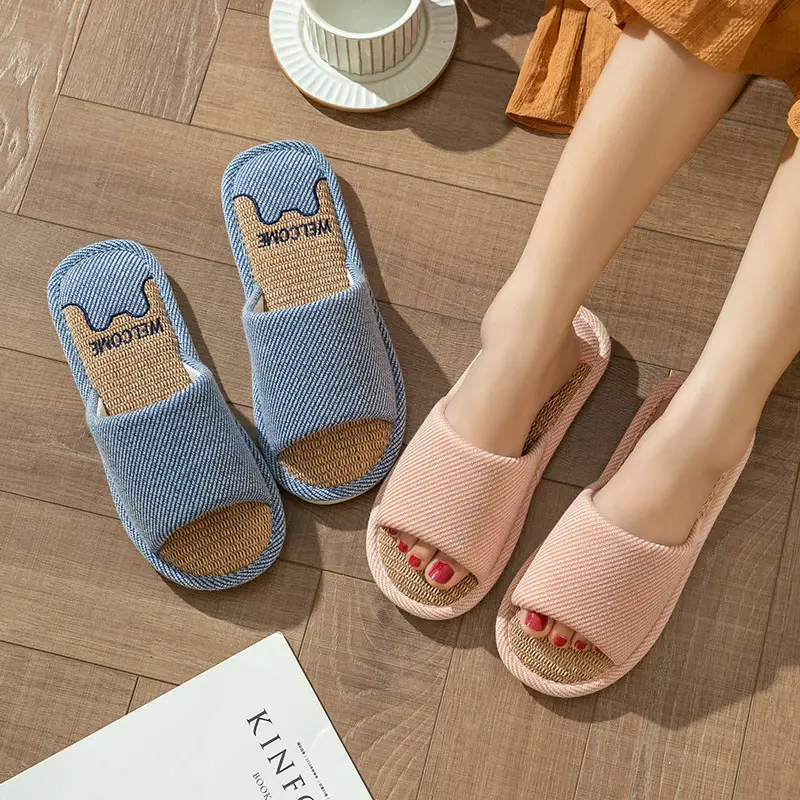 Linen Slippers Women's Summer Indoor Household Non-slip Home Floor Four Seasons Couple's Cotton Linen Slippers Men's