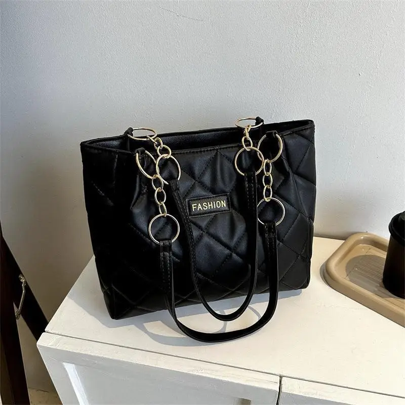 Black Quilted Tote Bag with Gold Chain for Women - Image 6