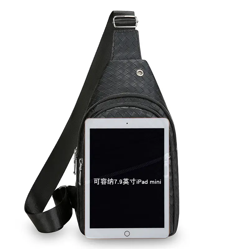 Black Leather Chest Bag for Men Crossbody Shoulder