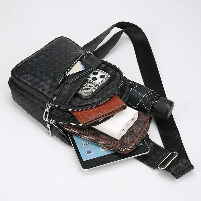 Black Leather Chest Bag for Men Crossbody Shoulder