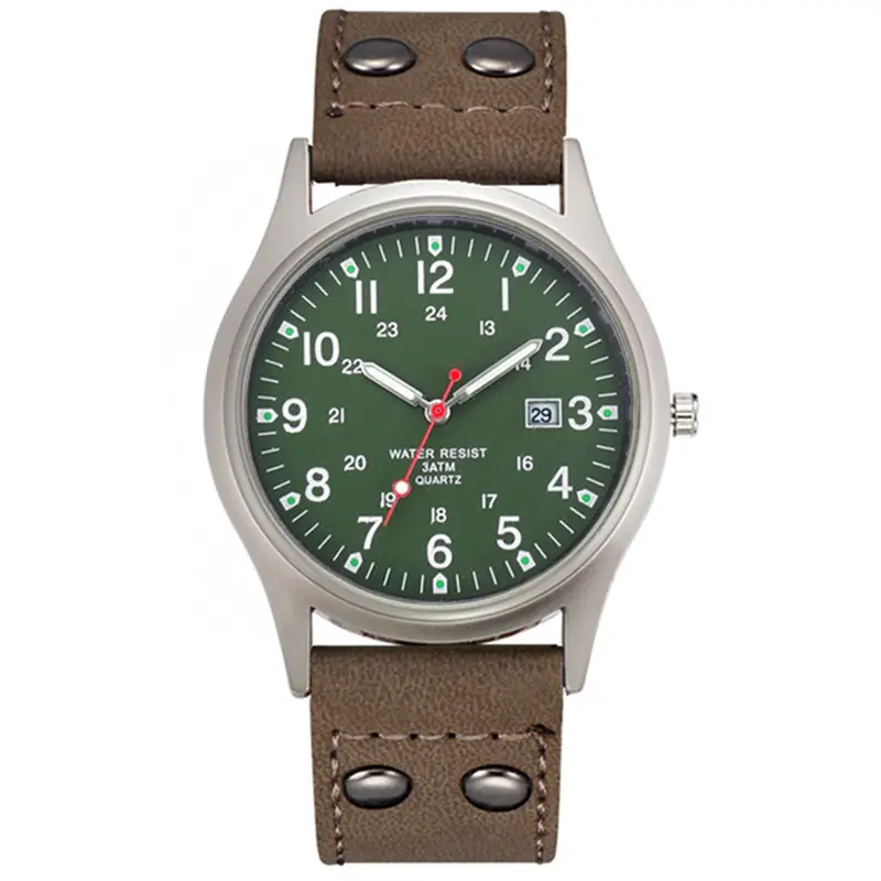 Men's Green Dial Date Quartz Leather Band Watch - Image 11