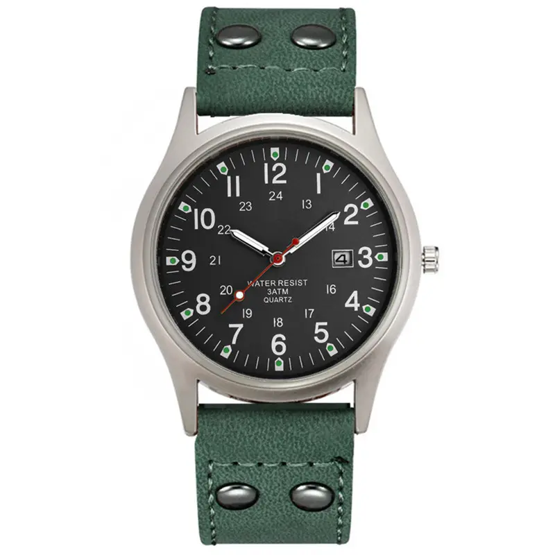 Men's Green Dial Date Quartz Leather Band Watch - Image 5