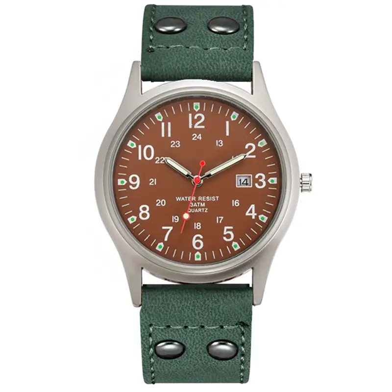 Men's Green Dial Date Quartz Leather Band Watch - Image 6