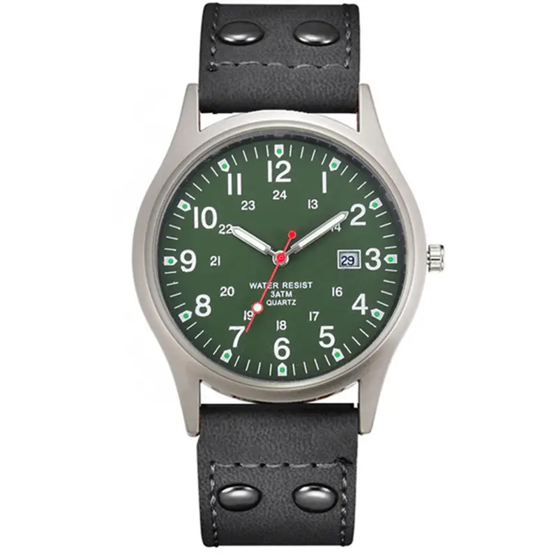 Men's Green Dial Date Quartz Leather Band Watch - Image 7