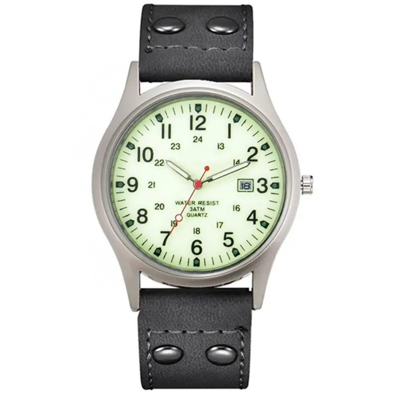 Men's Green Dial Date Quartz Leather Band Watch - Image 8