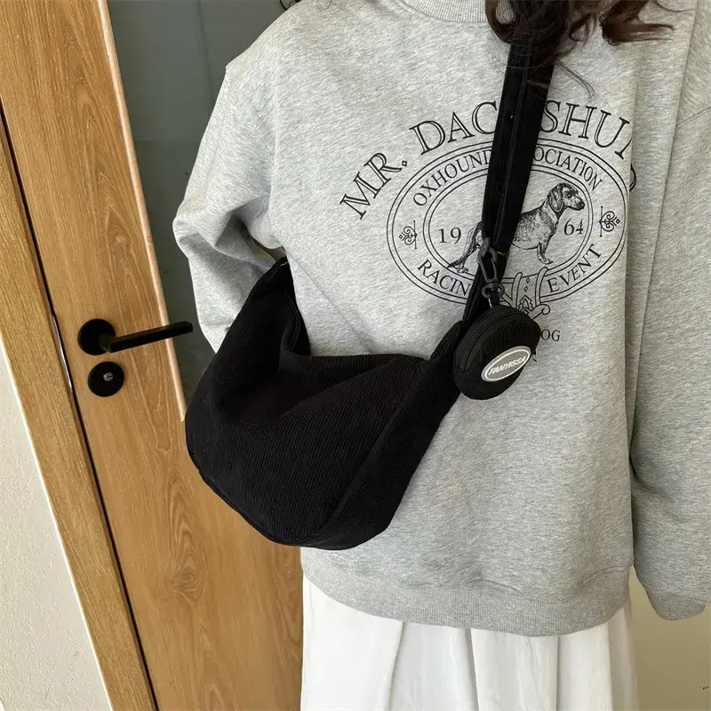 Green Textured Corduroy Shoulder Bag for Women - Image 10