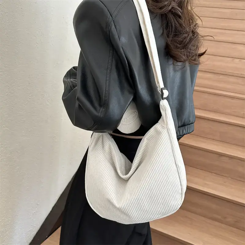 Green Textured Corduroy Shoulder Bag for Women - Image 11
