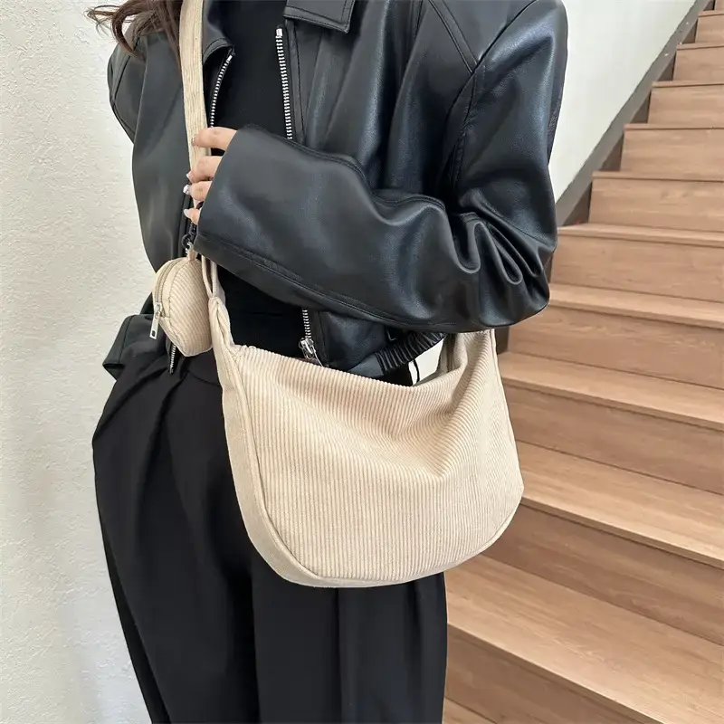 Green Textured Corduroy Shoulder Bag for Women - Image 12