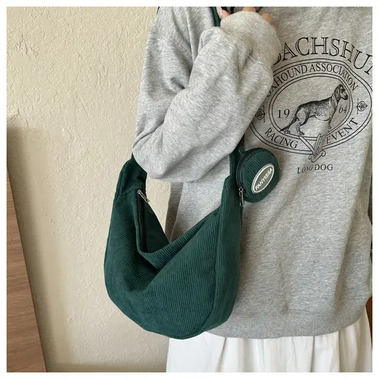 Green Textured Corduroy Shoulder Bag for Women — feature 16