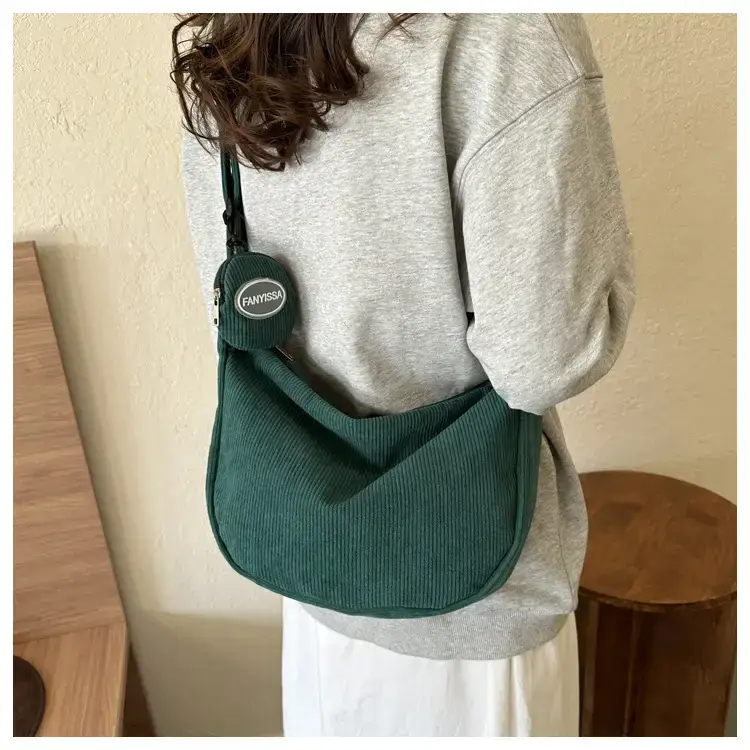 Green Textured Corduroy Shoulder Bag for Women — feature 17