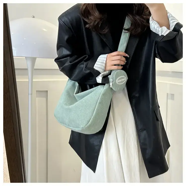 Green Textured Corduroy Shoulder Bag for Women — feature 24