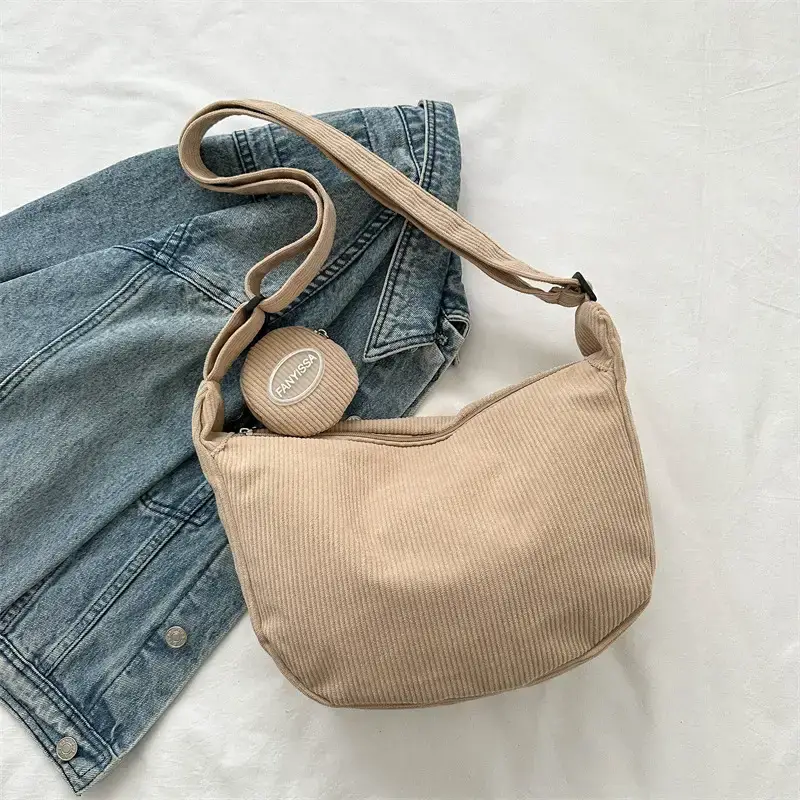 Green Textured Corduroy Shoulder Bag for Women - Image 3