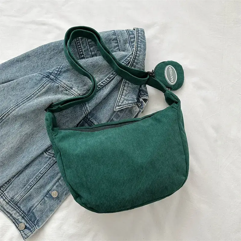 Green Textured Corduroy Shoulder Bag for Women - Image 5