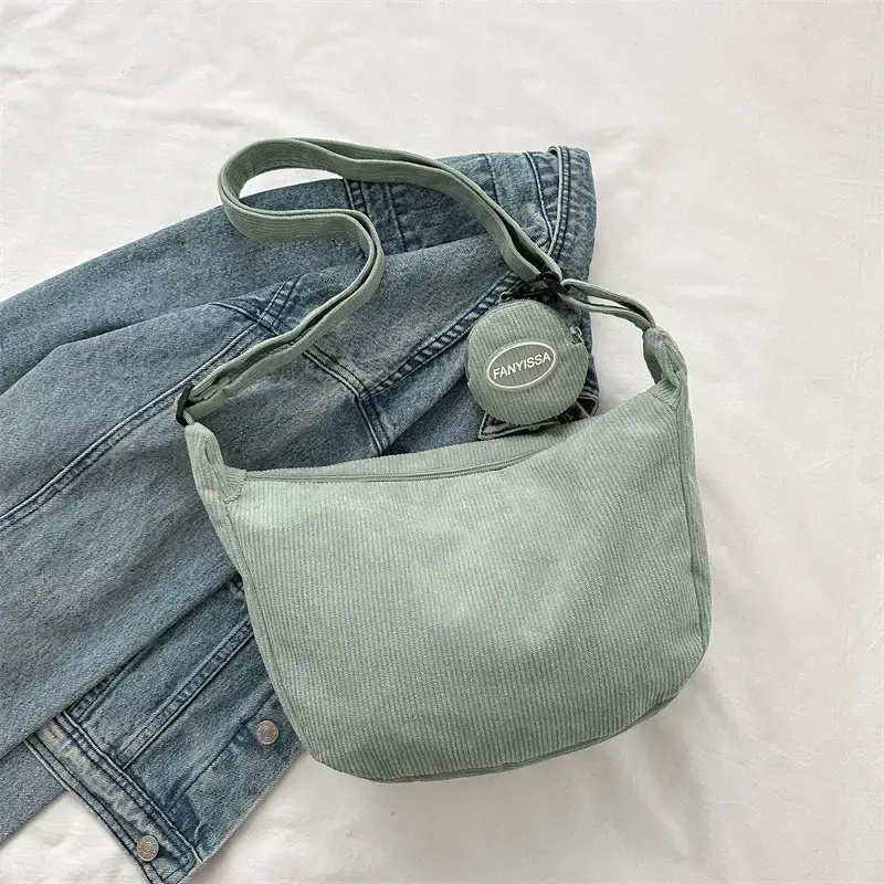 Green Textured Corduroy Shoulder Bag for Women - Image 6