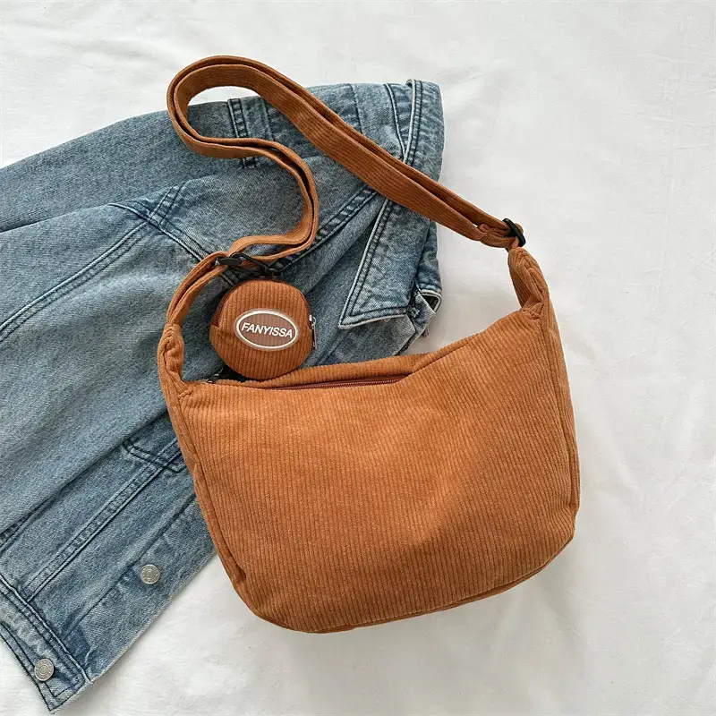 Green Textured Corduroy Shoulder Bag for Women - Image 8