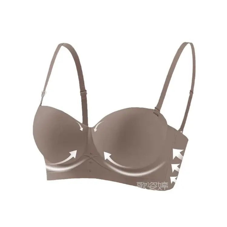 Half Cup Traceless Underwear Women's Small Chest Gathering Large Shoulder-less Thickened Parammary Anti-sagging Rimless Bra