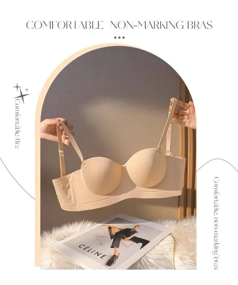 Half Cup Traceless Underwear Women's Small Chest Gathering Large Shoulder-less Thickened Parammary Anti-sagging Rimless Bra — feature 18