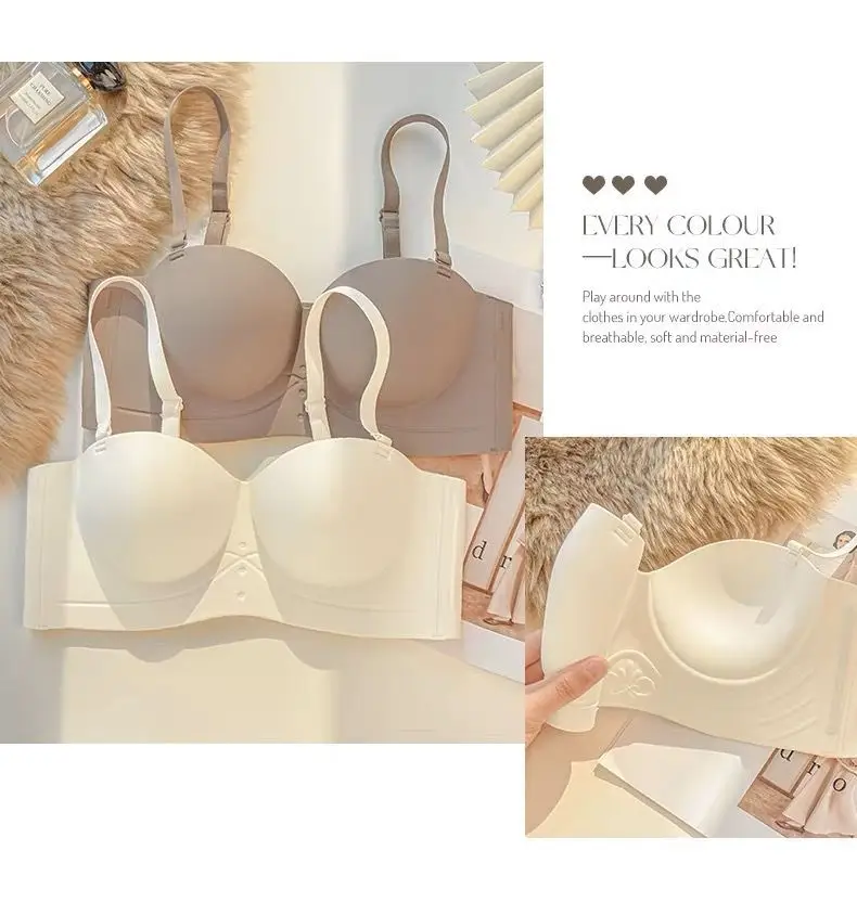 Half Cup Traceless Underwear Women's Small Chest Gathering Large Shoulder-less Thickened Parammary Anti-sagging Rimless Bra — feature 19