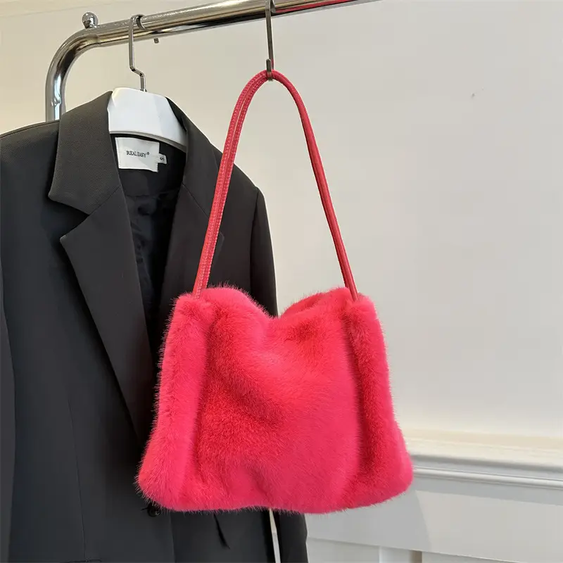 Pink Faux Fur Shoulder Bag for Women 2024 Winter - Image 9